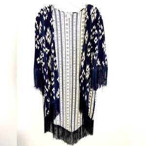 COTTON EXPRESS Ikat Tribal Boho Fringed Kimono Dark Blue/Off White Size …
